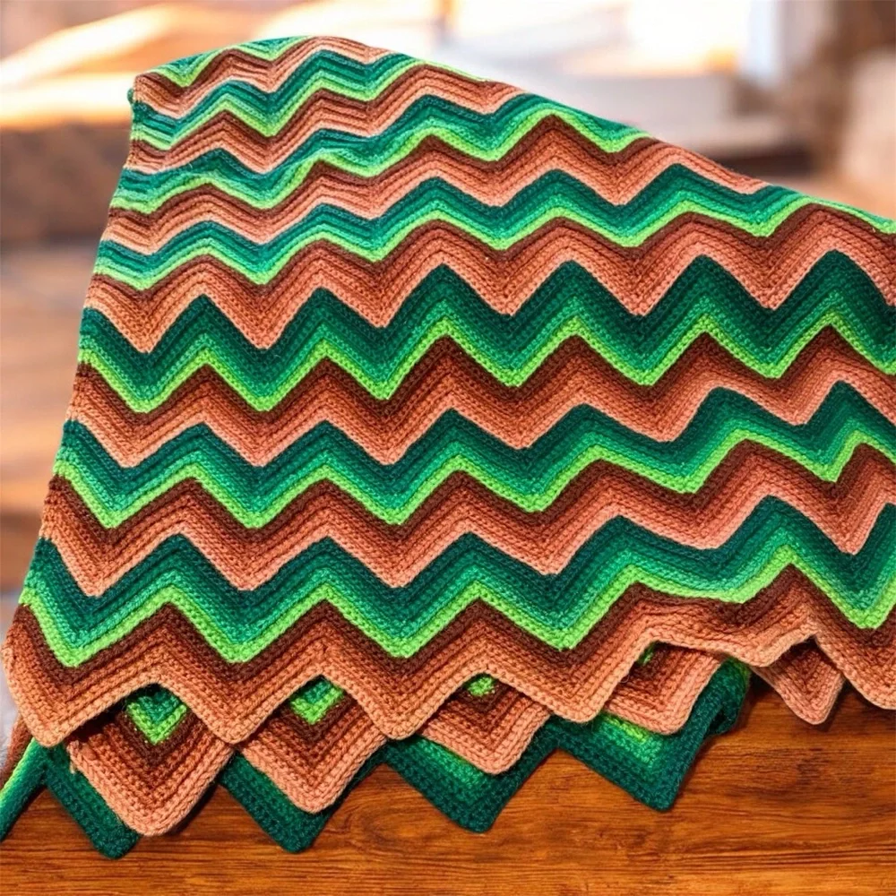 Striped Chevron Knit Throw Blanket in Green and Tan - Picture 6 of 12